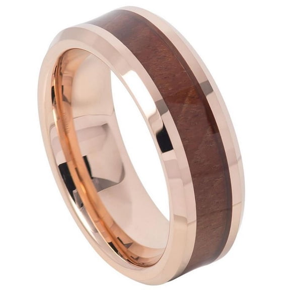 Custom Personalized Engraving Wedding Band Ring Set for Him & Her - 8mm Rose Gold IP Plated with Hawaiian Koa Wood Inlay Shiny Beveled Edge