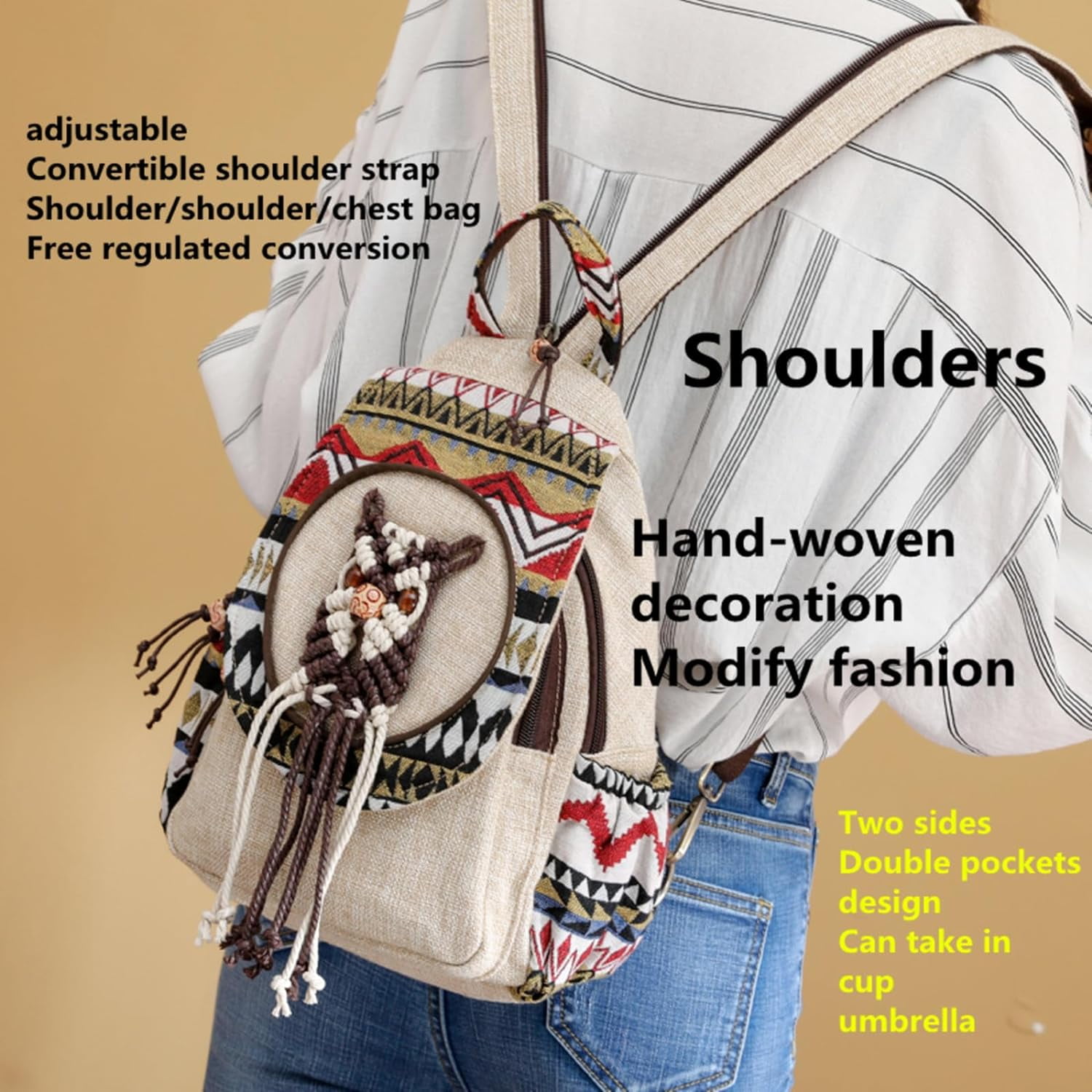 9678 Cotton Hemp Cloth Backpack Boho Vintage Embroidered Casual Purse Womens Hippie Cotton Hemp Cloth Backpack Boho Vintage  main image 4