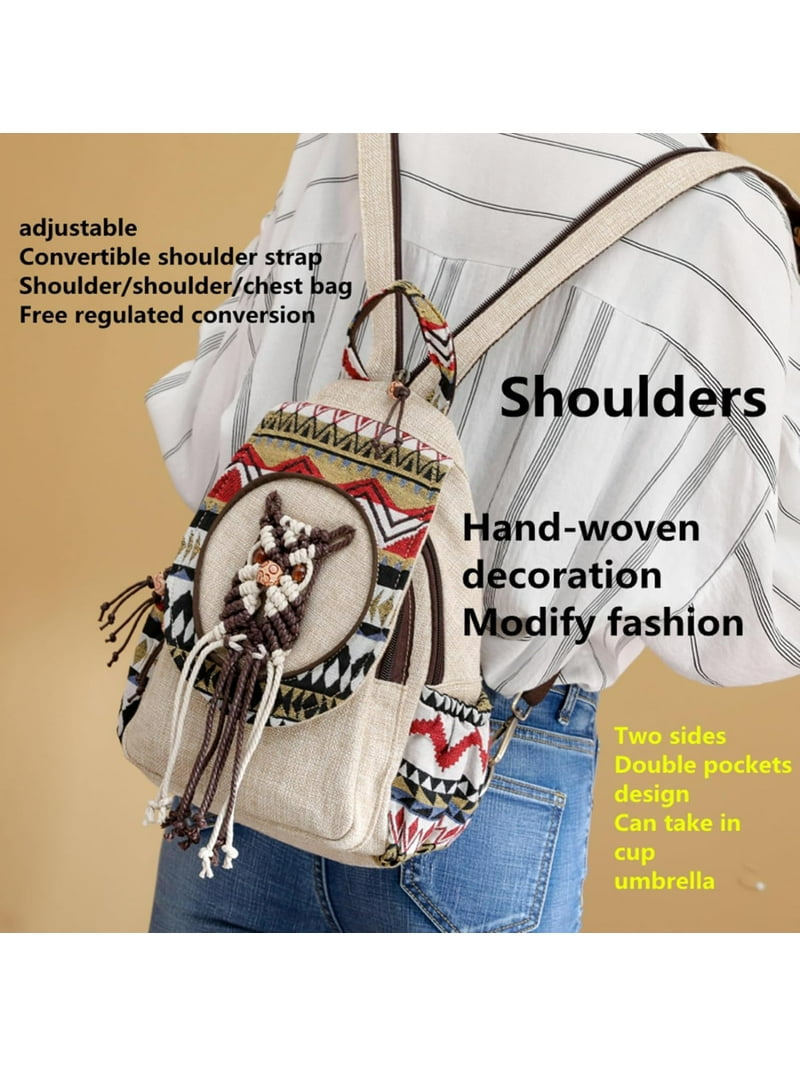 Womens Hippie Cotton Hemp Cloth Backpack Boho Vintage  display picture 1
