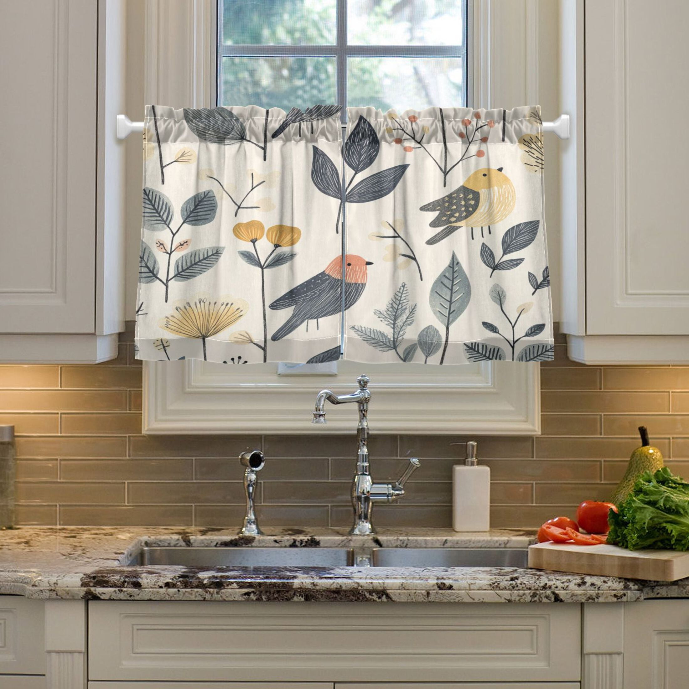 Hand Drawn Bird 27"x36" Linen Look Cafe Curtain Set with Privacy and UV Protection
