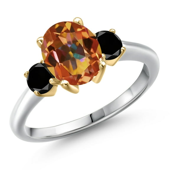 Gem Stone King 10K Two Tone Gold Ecstasy Mystic Topaz and Black Diamond Engagement Ring for Women | 2.54 Cttw | Oval 9X7MM | Gemstone November Birthstone | Size 7