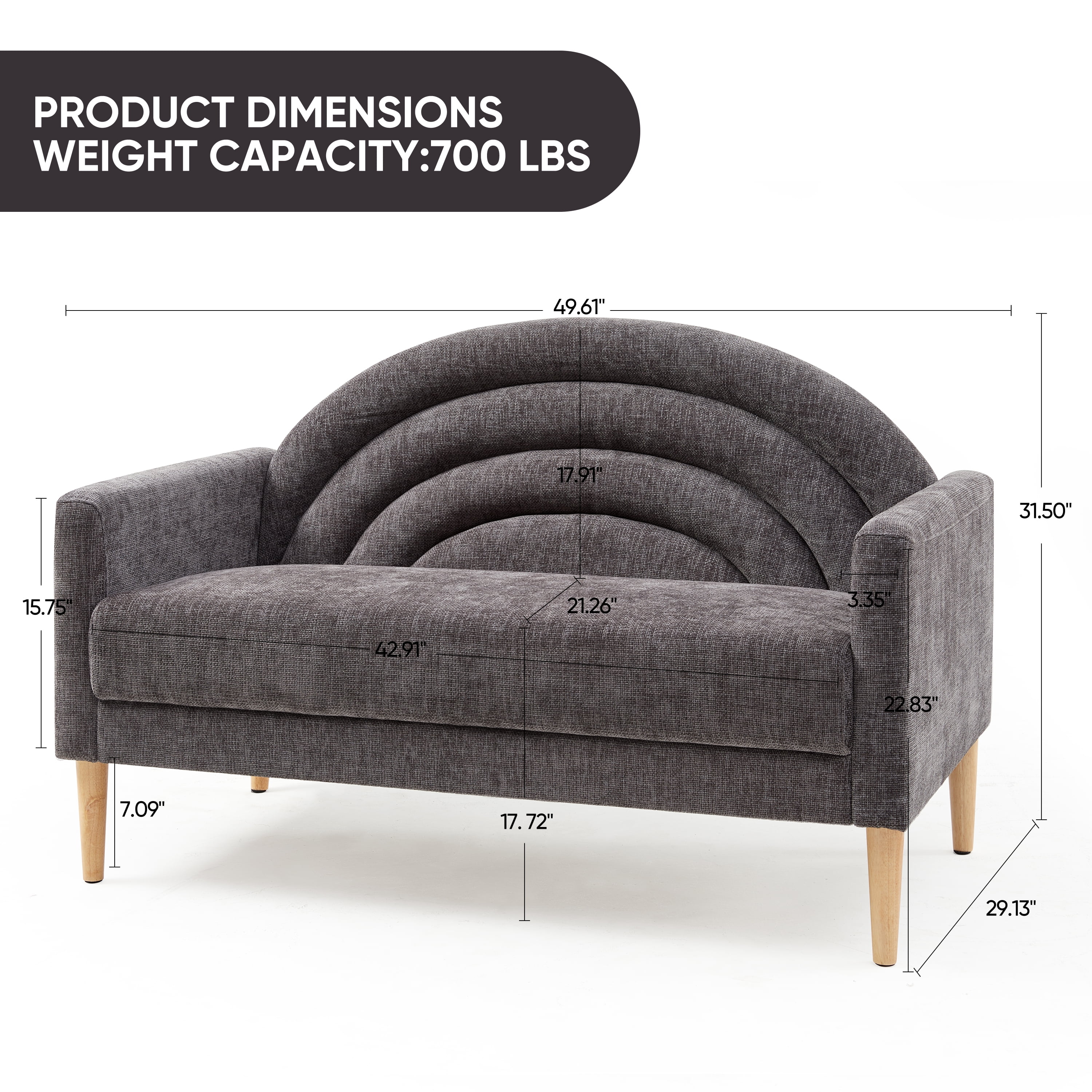Loveseat Sofa for Small Spaces,49.6" Mid-Century Modern Linen Small Couch with Arched Backrest,2-Seater Upholstered Settee,600 lbs Capacity,Grey