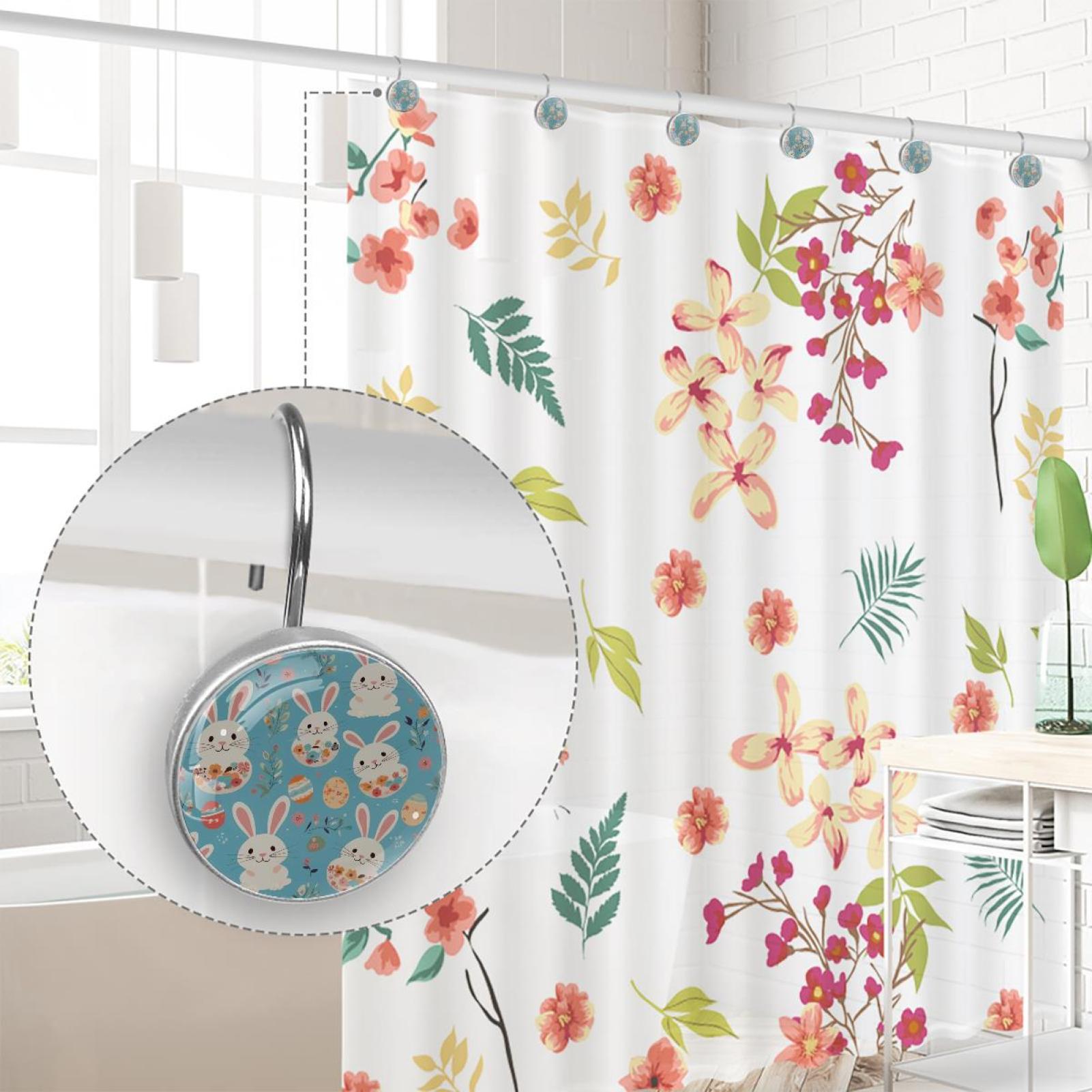 Imobaby 12 Pcs Metal Shower Curtain Hooks Rust Proof for Shower Curtain Liner - Blue Flower Little White Rabbit