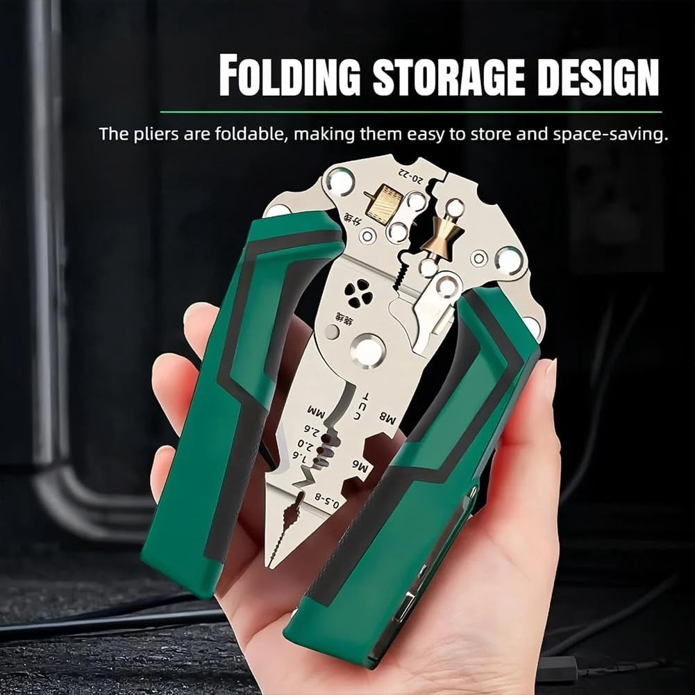 16 in 1 Wire Stripper Twister for Cutting and Pulling Wires, Cable Scissors, Voltage Tester Pliers, 12v to 250v, Foldable for Electrical Repair & DIY Household Use (Green*2)