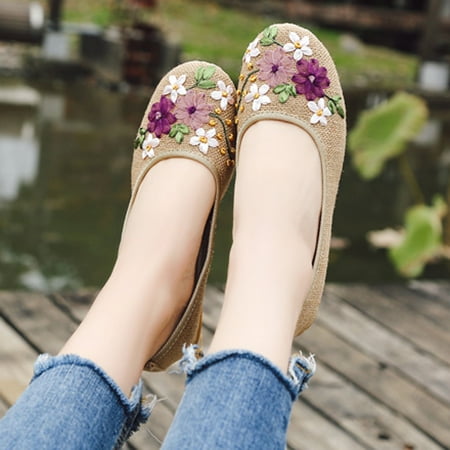 

DODOING Womens Ballet Flats Floral Embroidered Cut Platform Shoe Slip On Casual Driving Loafers Khaki/ White/ Navy Blue 4-10 Size