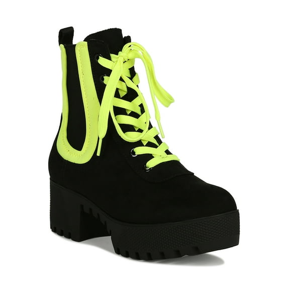 Women Neon Panel Lug Sole Chunky Platform Mid Calf Boot 19372