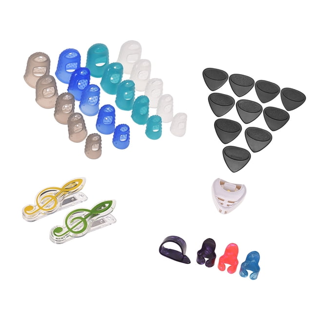 Kit d'Accessoires pour Guitare Clip Comprend 20 Pcs Protecteurs de Doigts en Silicone + 10 Pcs Pics Guitare + 4 Pcs Pics Pouce & Doigt + Support de Pic + 2 Pcs Clips de Pages de Musique avec Plastique