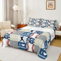 Feelyou Baseball Lover Boys Full Size Sheets, Stripes Abstract Plaid Bed Sheets, Sports Theme Sheet Sets, Breathable Home Decor, 4 Pieces