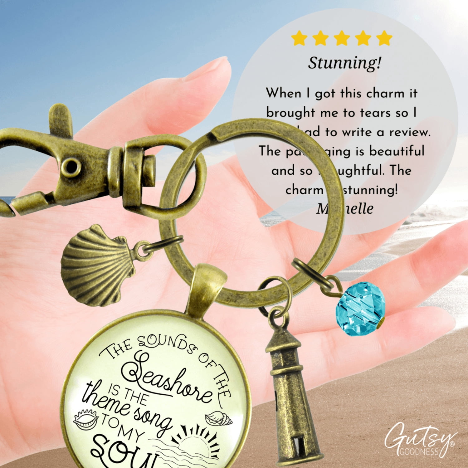 Beach Gutsy Goodness Bronze Keychain Sounds of Seashore Nautical Ocean Theme Jewelry Lighthouse Shell