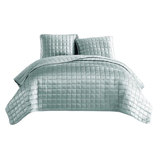 Benjara BM225239 Coverlet Set with Stitched Square Pattern, Sea Green - King Size - 3 Piece