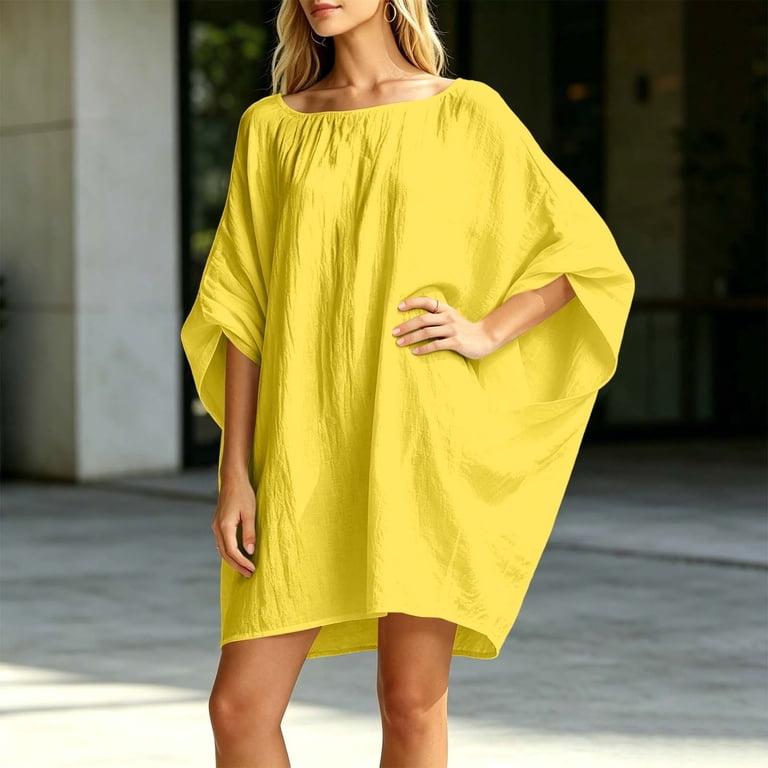 Gold Crew Neck Dresses for Women Fall Summer 3/4 Batwing Sleeve Long Loose Fit Brunch Basic Dresses Ladies 2026 Clothing Fashion Country Concert XL