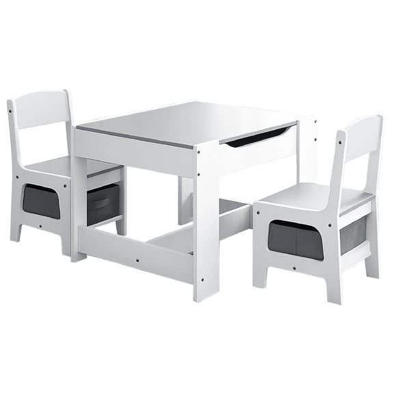 Kids House Mesa Montessori Pebble Set Infantil de Madera de Abedul y MDF con 2 Sillas, Ideal para Niños Pequeños, Juego, Aprendizaje, Lectura, Diseño Compacto y Seguro (Blanco y Gris)