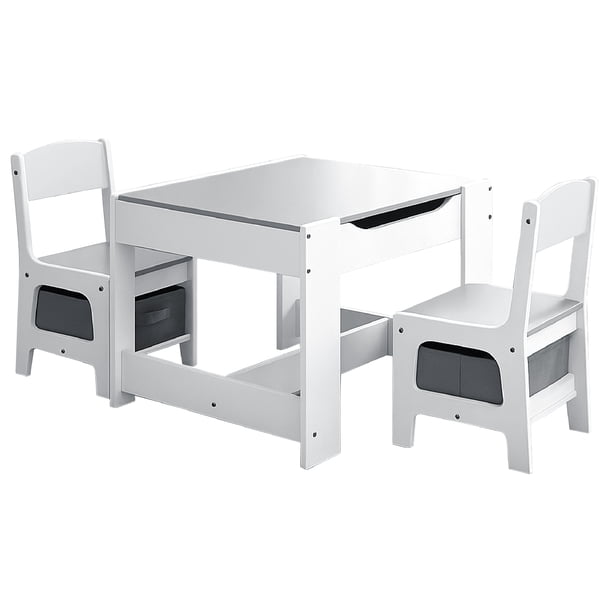 Kids House Mesa Montessori Pebble Set Infantil de Madera de Abedul y MDF con 2 Sillas, Ideal para Niños Pequeños, Juego, Aprendizaje, Lectura, Diseño Compacto y Seguro (Blanco y Gris)