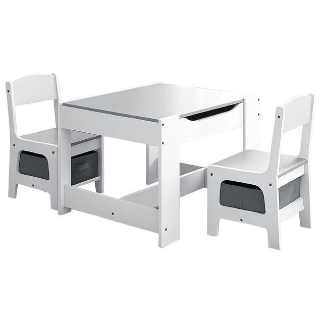 Kids House Mesa Montessori Pebble Set Infantil de Madera de Abedul y MDF con 2 Sillas, Ideal para Niños Pequeños, Juego, Aprendizaje, Lectura, Diseño Compacto y Seguro (Blanco y Gris)