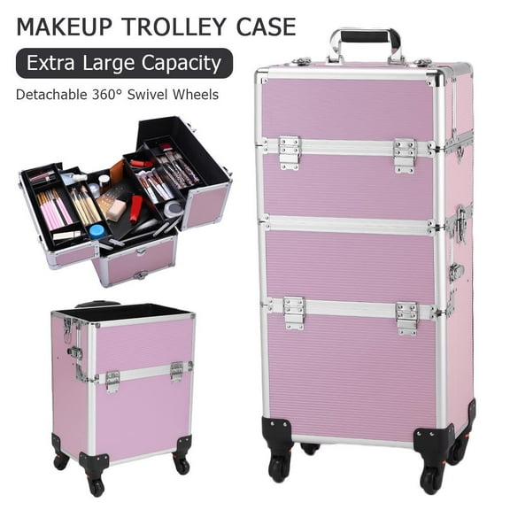 UBesGoo Professional 3 in 1 Makeup Travel Case Beauty Cosmetics Carry Box Trolley Pink