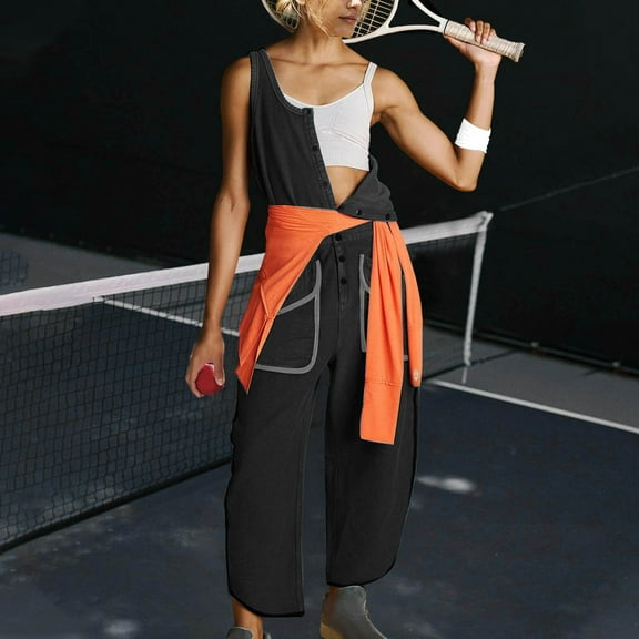 Njagoc3 Womens Spring/Summer Solid Color Casual Round Neck Button Sleeveless Waist Pocket Sports Jumpsuit Pants