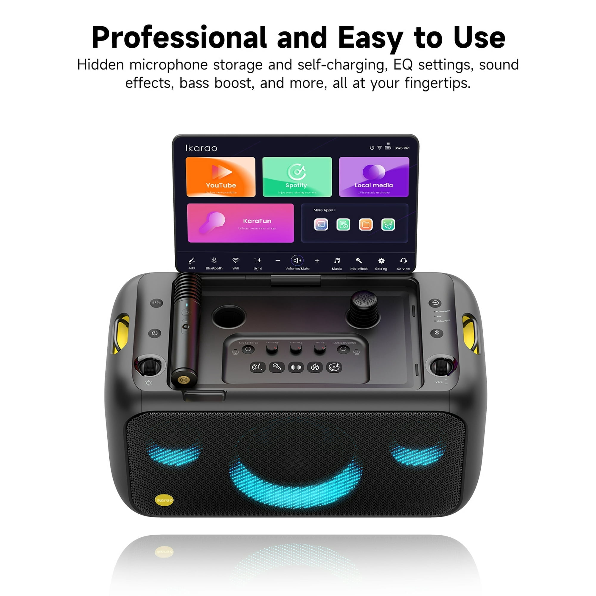 Ikarao Karaoke Machine for Adults, Built-in 13.3-inch Screen, Portable Bluetooth Speaker with 2 Wireless Mics for TV, Music Party