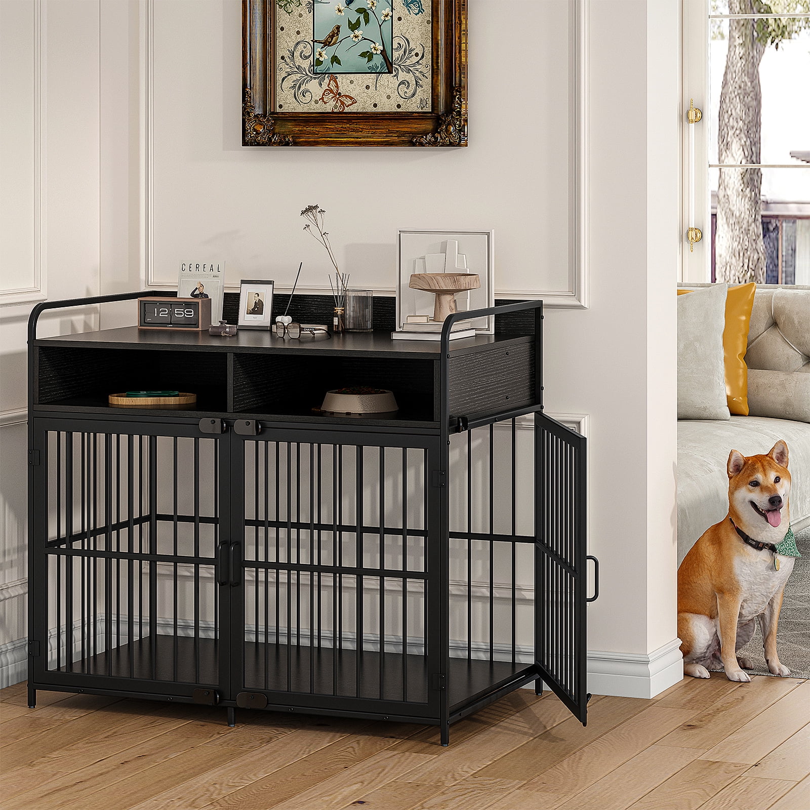 Large Furniture Dog Crate, Dog Kennel Indoor, Wood Dog Cage Table with Drawers Storage