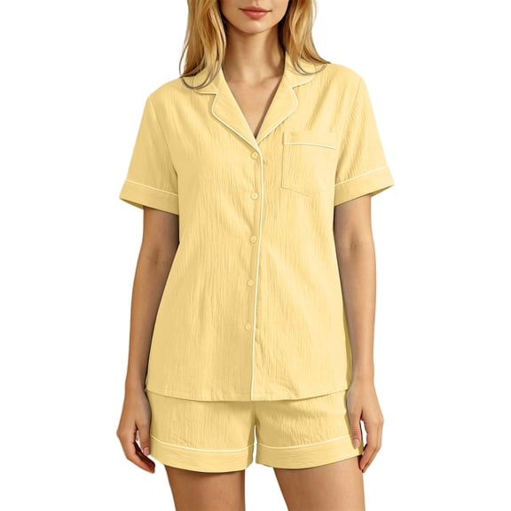 CONROSES Womens 2 Peice Pajama Sets Casual Solid Short Sleeve Pjs Tops Shorts Loungewear Sets Cozy Nightwear Sleepwear