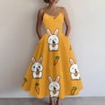 thumbnail image 2 of LWavelet Women's Spaghetti Strap Fit-and-Flare Dress, Patchwork Bunny & Carrot Print for Casual & Holiday Wear Orange M, 2 of 4