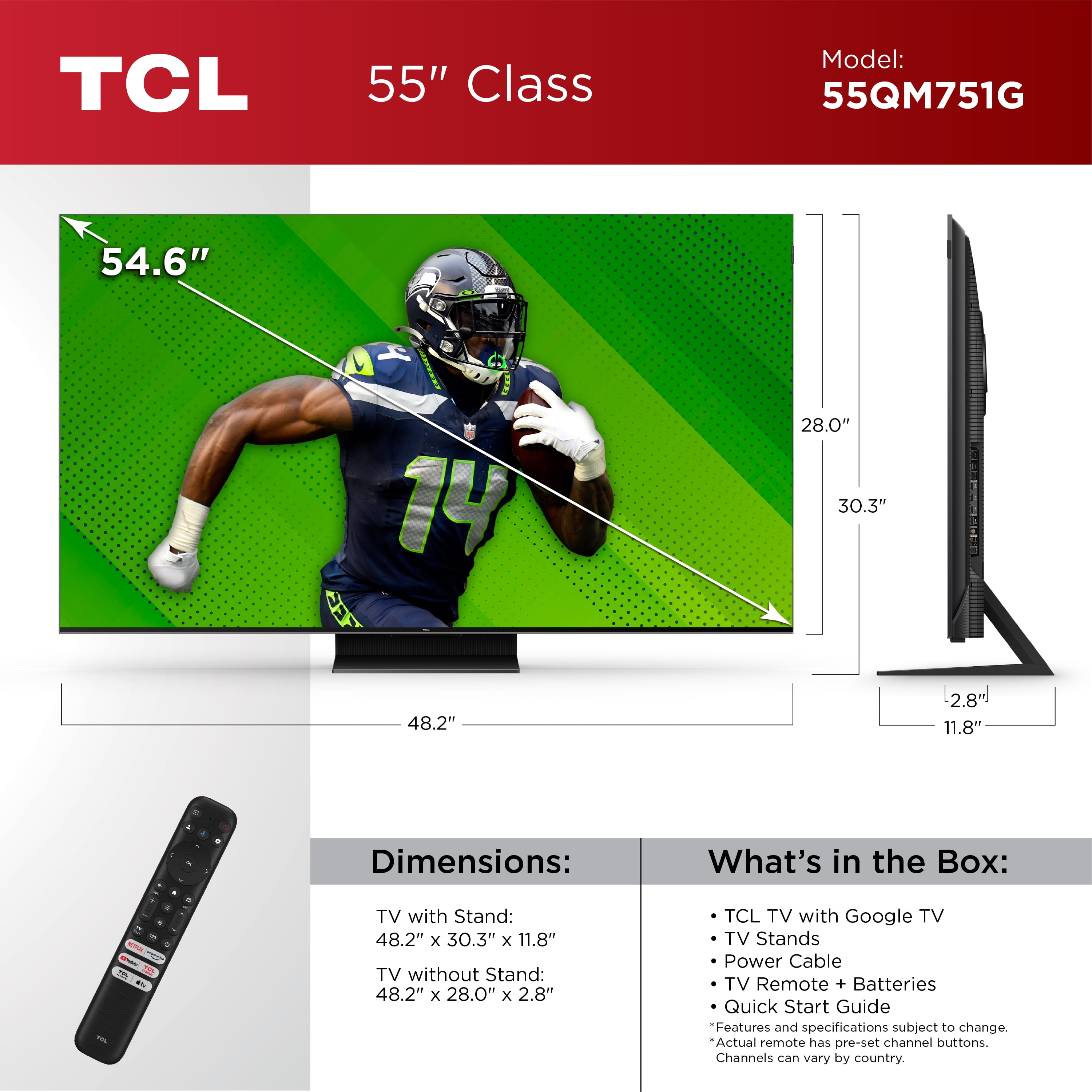 TCL 55” Class QM7 (55QM751G) 4K UHD HDR QD Mini-LED Smart TV with Google TV (NEW 2024)