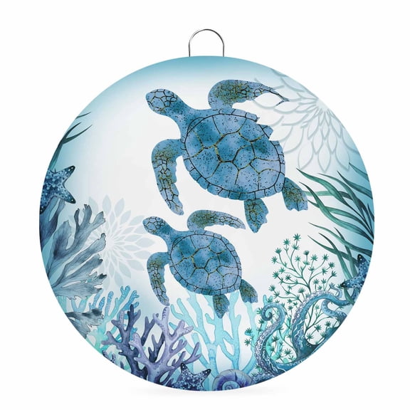 Welcome Sign Front Door Decorations, Ocean Blue Turtles Round Wall Art Outdoor Metal Wreaths, Coastal Octopus Coral Nautical Starfish Seasonal Hanging Sign for Home Porch Decor Warming Gift 6 In