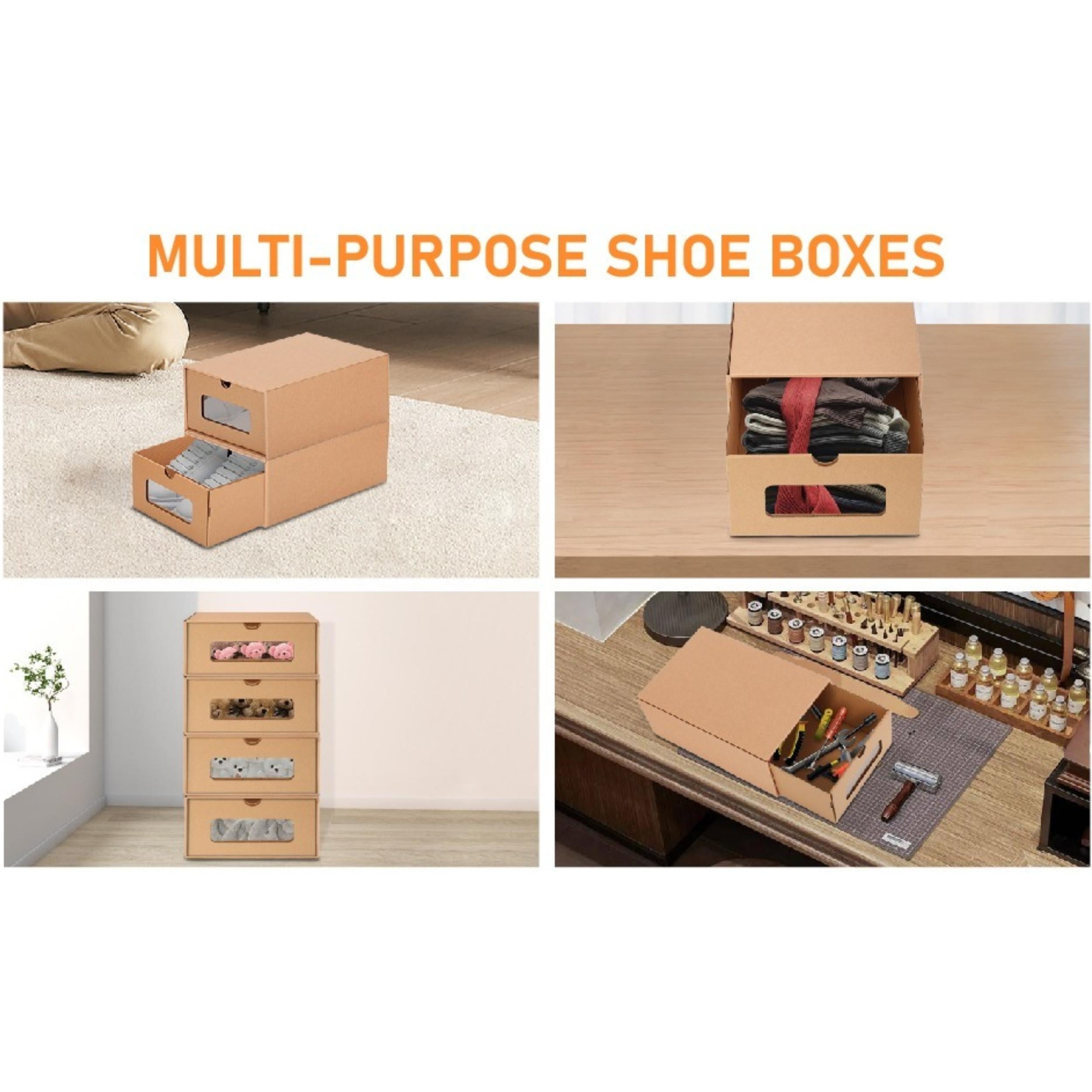 tonchean 10 Pack Cardboard Shoe Boxes Stackable Shoes Storage Organizer Kraft Drawer Boxes with Lids and Transparent Window Gift