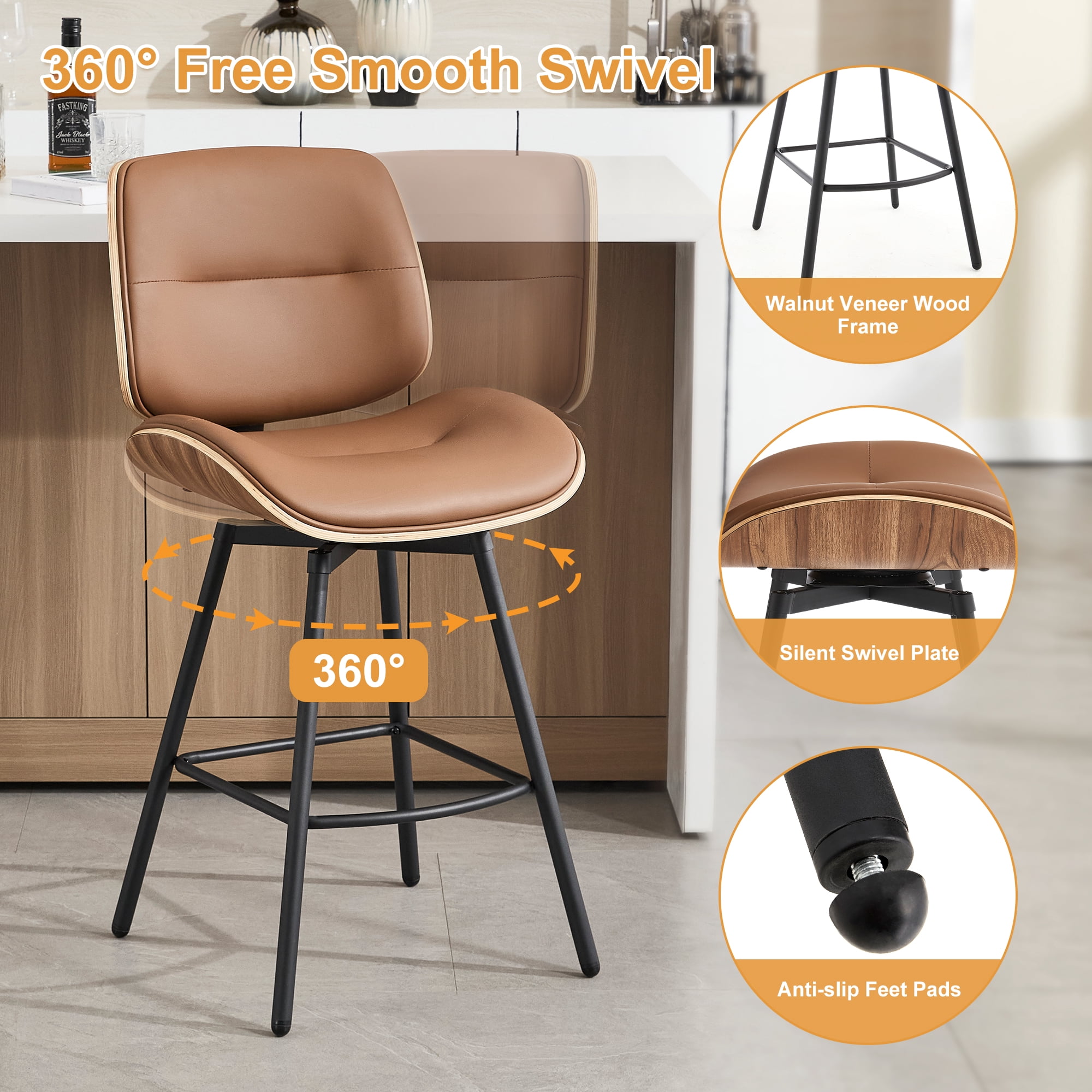 Counter Height Bar Stools Set of 4, 26" Swivel PU Leather Upholstered Bar Stools with Walnut Backs and Metal Legs, Retro Counter Stools for Kitchen Island, Dining Room, Pub, Brown