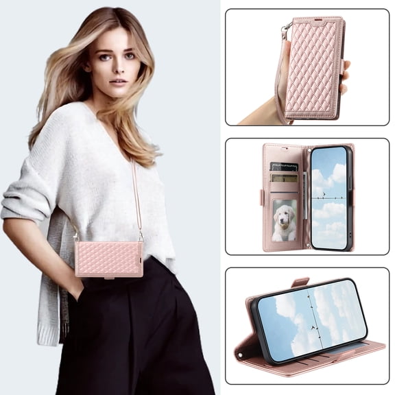 Wallet Case for Apple iPhone 17e/ iPhone 16e 6.1", Crossbody Shoulder Strap Lanyard Phone Cover with Cards Slots Diamond Pattern for Women Men, Rosegold