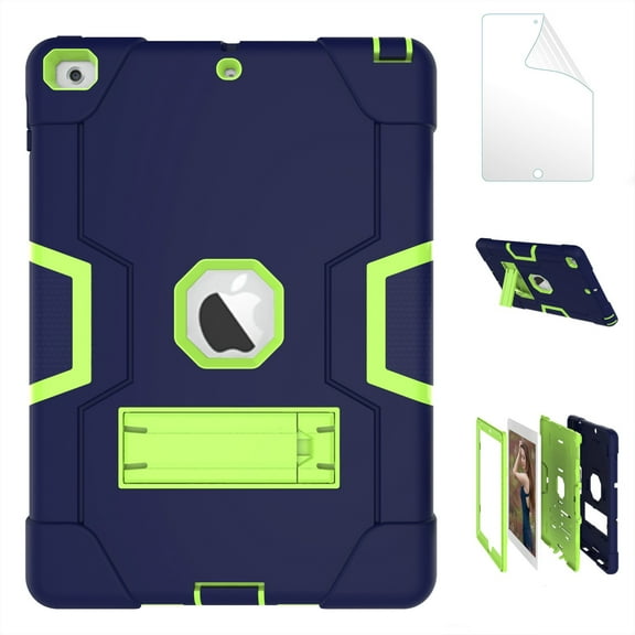 iPad 5th/ 6th Generation Case, New iPad 9.7 inch 2017/2018 Shockproof Kickstand Cover with HD Screen Protector Film - Blue/Yellow