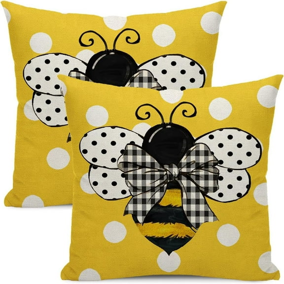 Summer Bee Pillow Covers - 18x18 Inch Bumblebee Polka Dot Decorative Throw Pillows, Farmhouse & Outdoor Cushion Covers for Sofa, Patio, Bed & Chair - Yellow Honey Bee Design