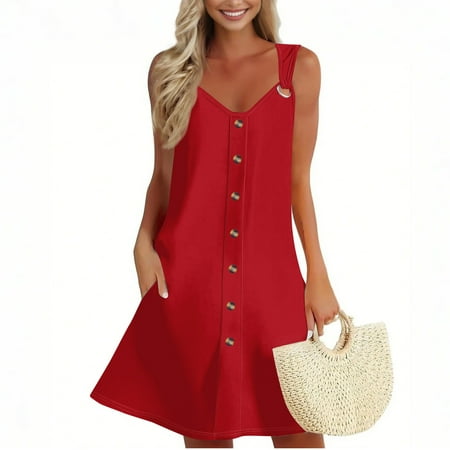 GXIPO Ladies Summer Dresses Beach Dresses Vacation Sleeveless O-Ring Shoulder Button Swimsuit Coverup Boho Tunic Sun Dresses Mini Dresses with Pockets Wine 2XL