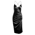thumbnail image 4 of Franhais Women's Summer Solid Color Dress Thin Spaghetti Straps V-neck Gathered Side Slit Dress, 4 of 9