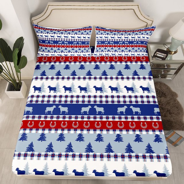 Cattle Buff Farmhouse Animal Sheets Full Size,Vintage Tribal Abstract Print Sheets,Geometric Pine Tree Botanical Bedding Set with 1 Fitted Sheet&2 Pillowcases(No Top Sheet)