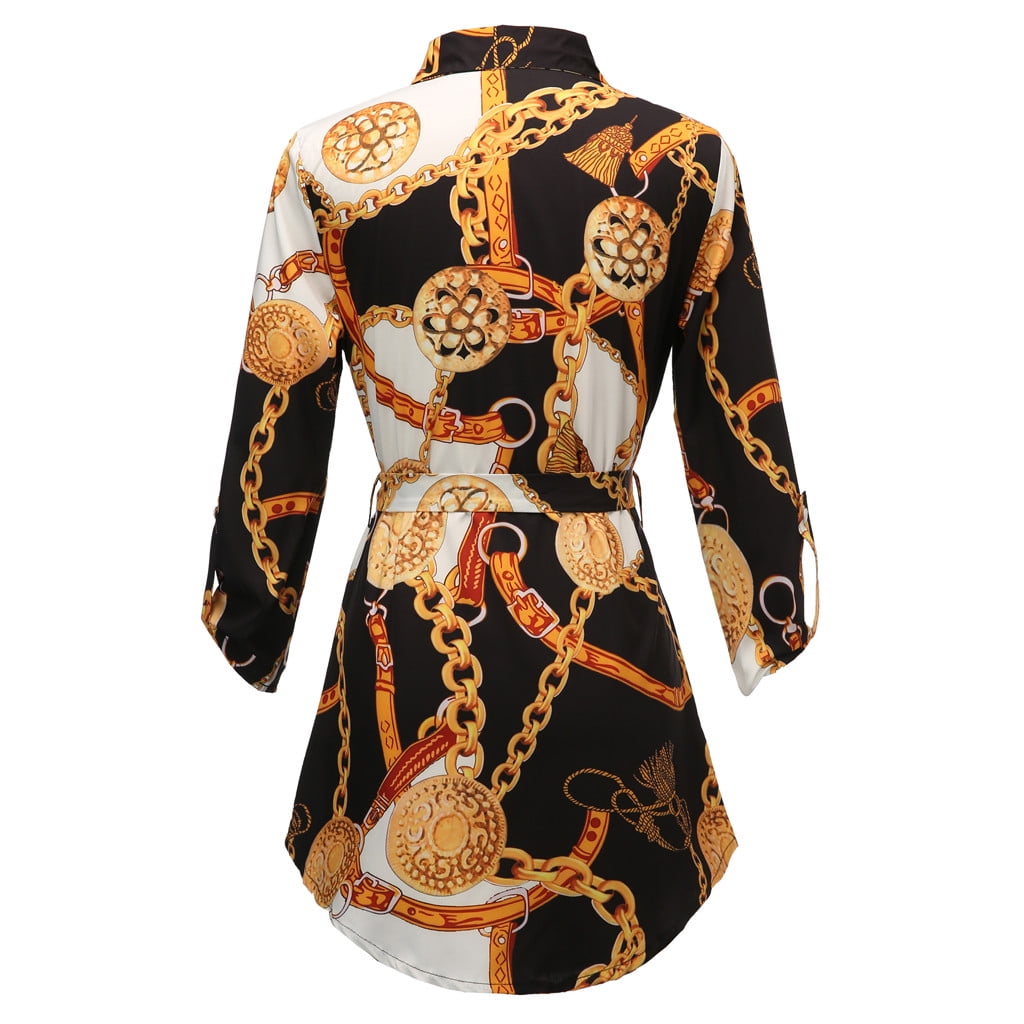Long Sleeve Chains Print Belted Casual Shirt Dress Black Gold Chain Print Belted Shirt Dress Long Sleeve Chains Print Belted Casual Shirt Dress Black Gold Chain Print Belted Shirt Dress