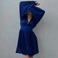 thumbnail image 2 of IROINNID Semi Formal Dress for Women Long Sleeve Empire Dress V-neck Back Zipper Trumpet Sleeves Pleated Satin Solid Color T-A-line High-Waist Dress,Blue, 2 of 6