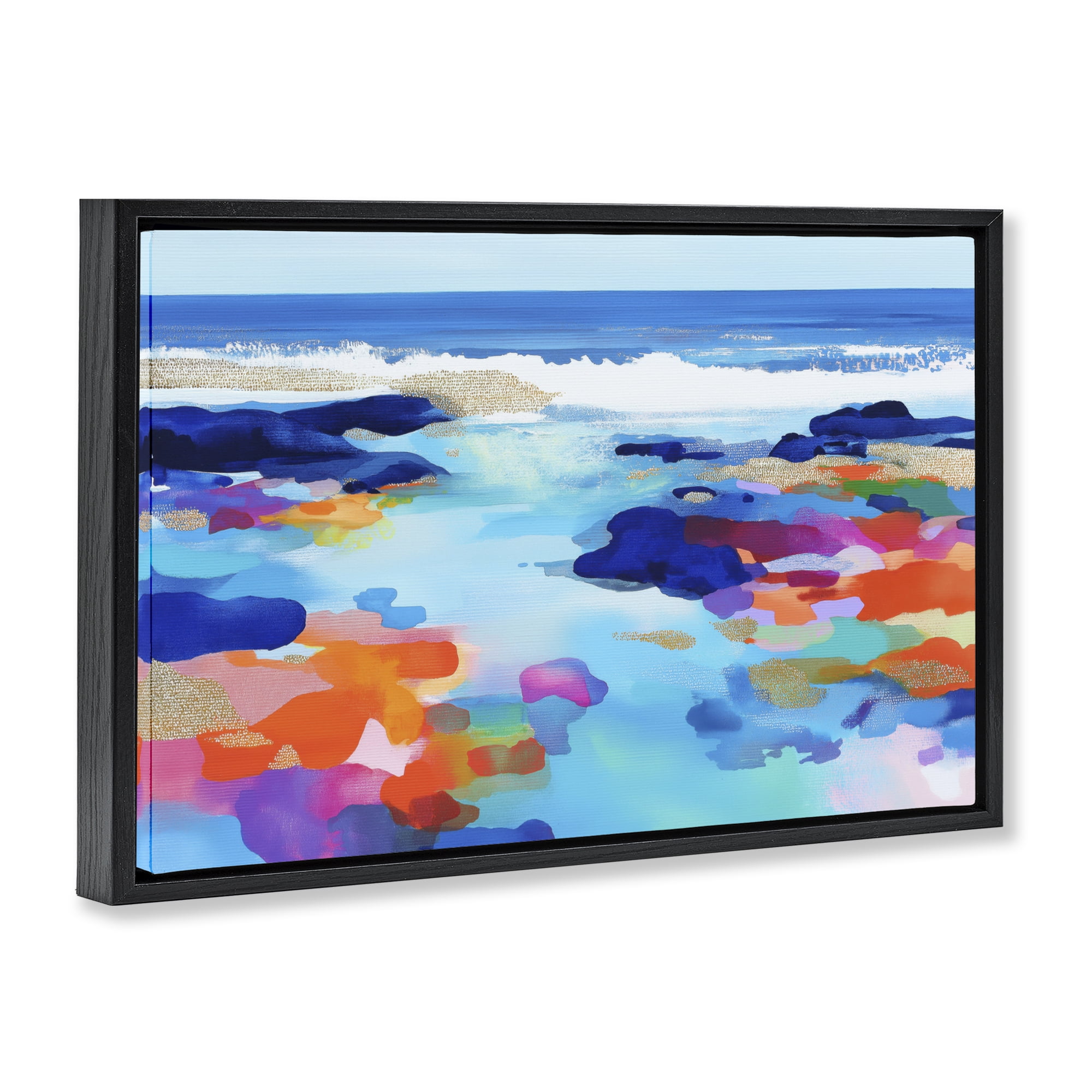 Stupell Industries Coastal Pools Overlay Abstraction Black Framed Floater Canvas Wall Art, design by Chromatic Storm Studio