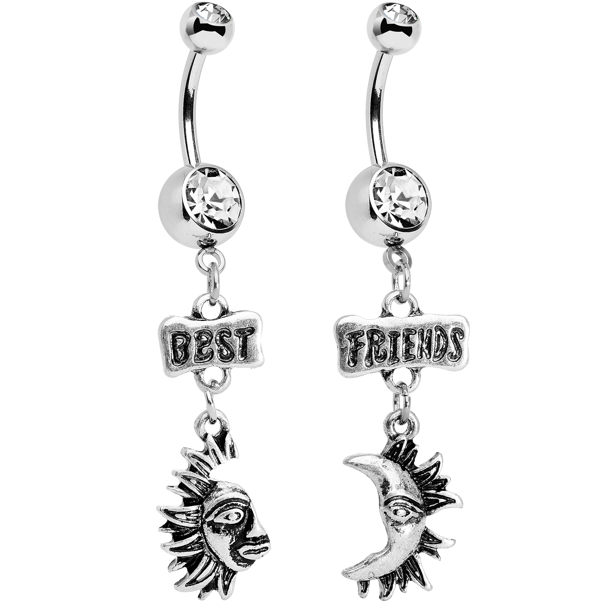 Body Candy Stainless Steel Clear Accent Best Friends Moon and Sun Dangle  Belly Ring Set