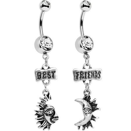 Body Candy Stainless Steel Clear Accent Best Friends Moon and Sun Dangle Belly Ring (Cheap Best Friend Belly Button Rings)