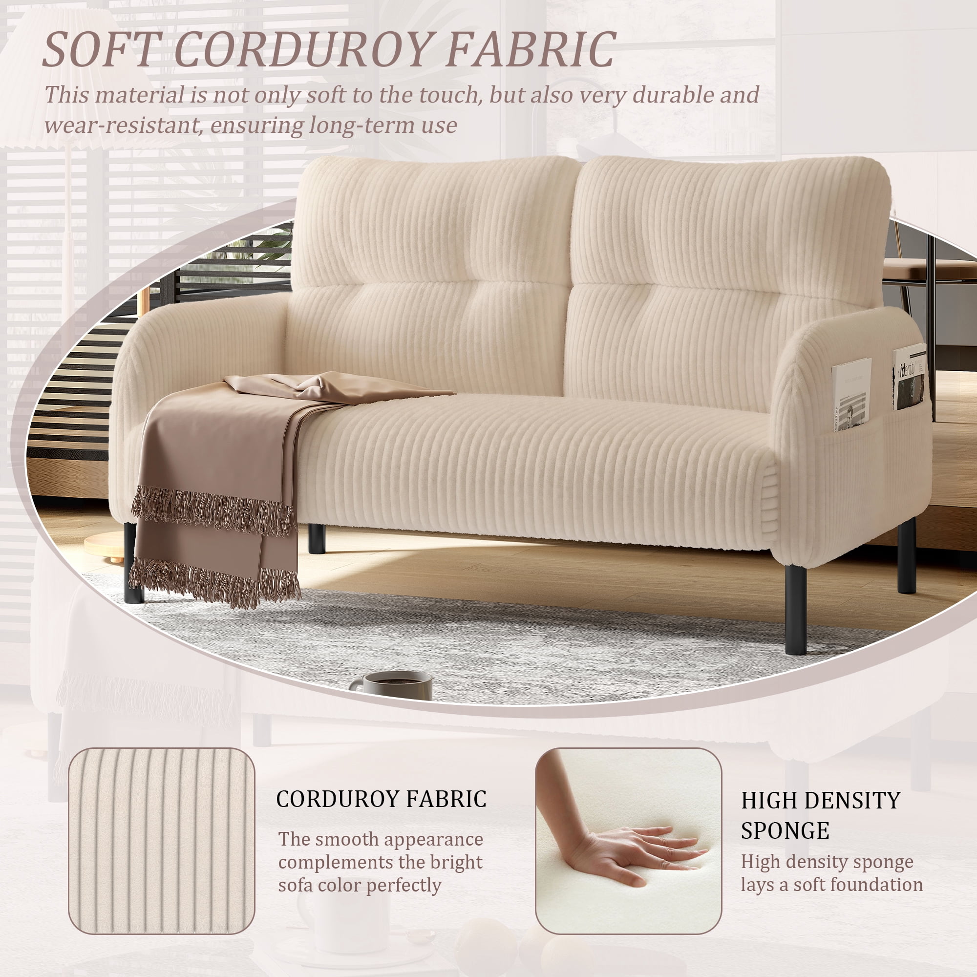 MOONMISS Corduroy Upholstered Tufted Comfortable Wood Frame Loveseats Sofa with Double Side Pocket-Beige