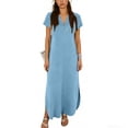 thumbnail image 3 of TaTaai Women's Casual Solid Color V-Neck Short Sleeve Maxi Dress with Button Detail and Side Pockets Fashion Simple Style Soft Comfortable Stretchy Dress for Spring Summer Gift, 3 of 6