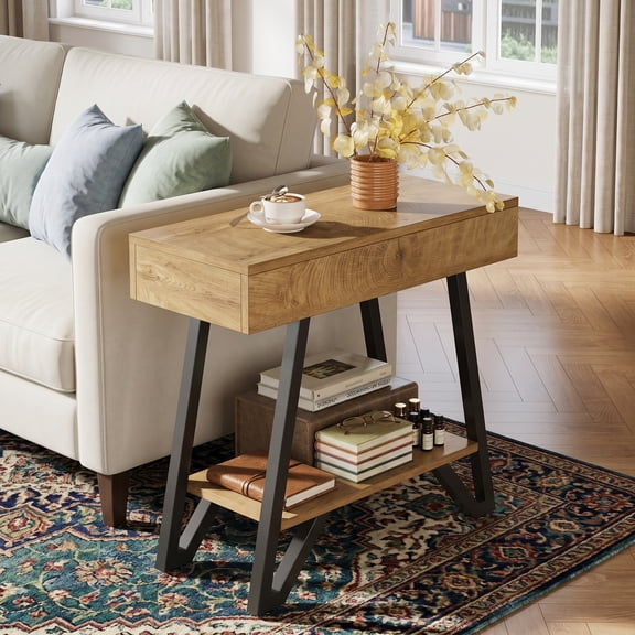 Fnova 2-Tier End Table with Metal Frame, Narrow Couch Side Table with Storage Shelves for Bedroom, Small Spaces, Natural