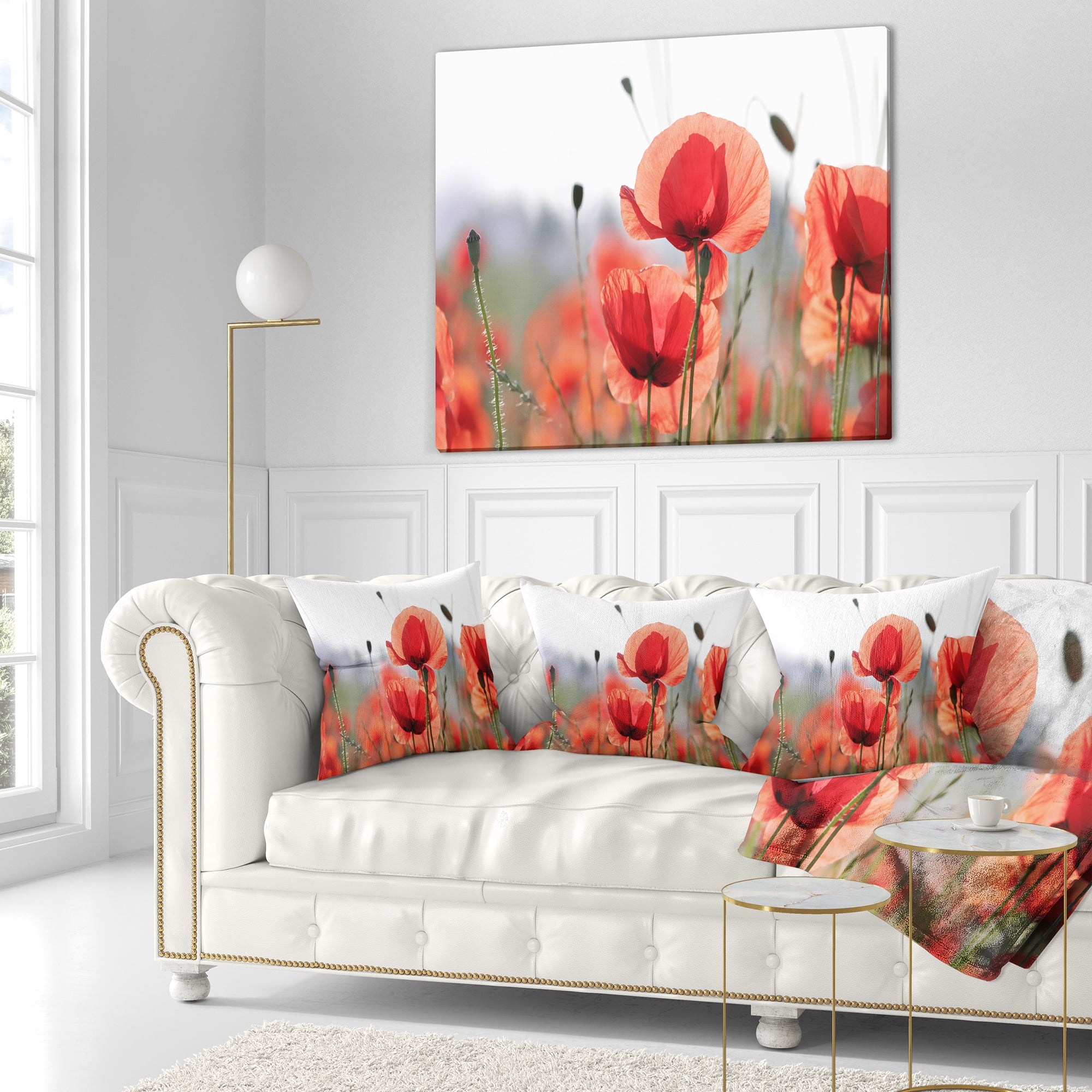 Designart Soft Poppy Flowers Petals View - Floral Throw Pillow - 16x16