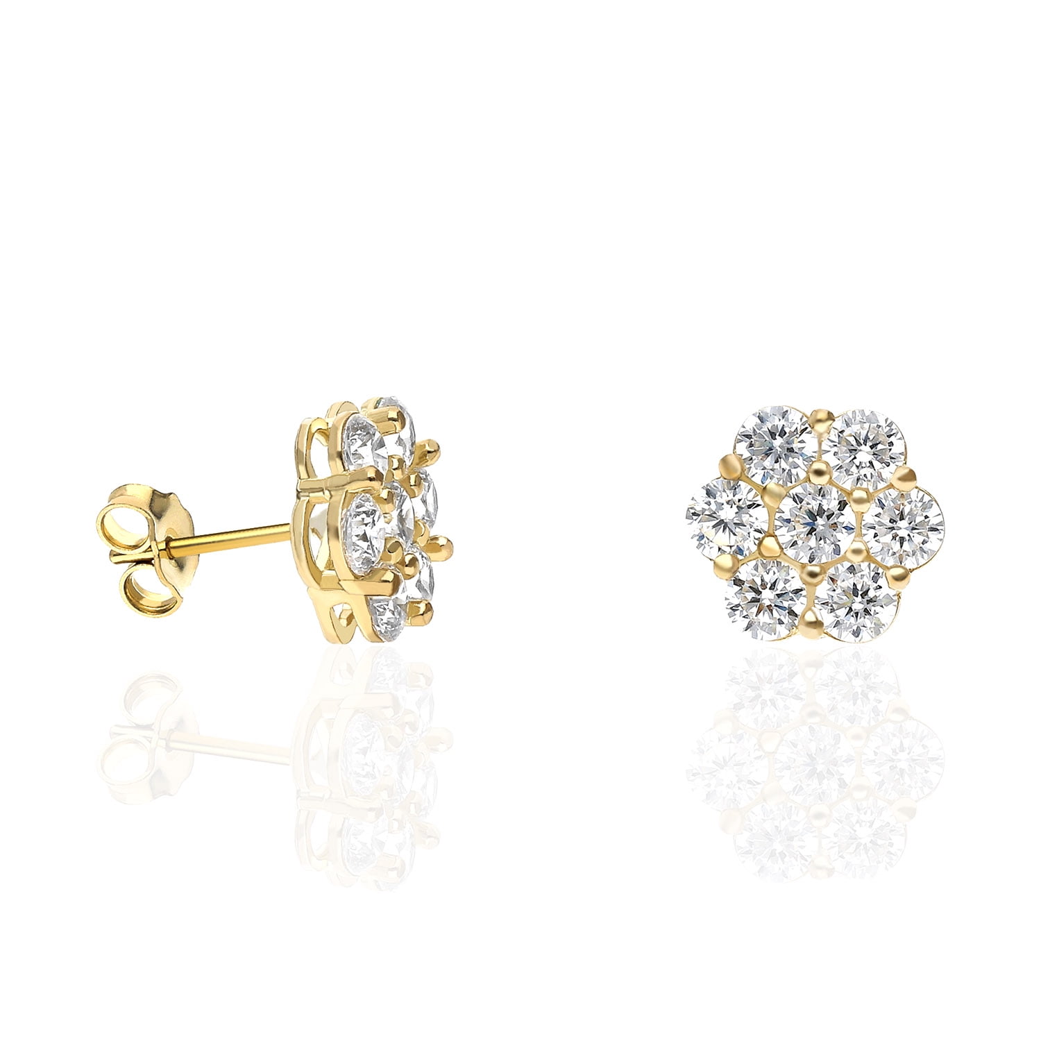 10K Yellow Gold Created Round Diamond Flower Cluster Stud Earrings 8 ...