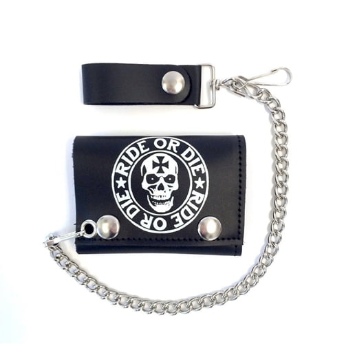 Men's Black Leather Tri-Fold Chain Wallet, Ride or Die Skull Graphic