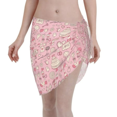 Qekee Cute Love Women s Short Sarongs Cover Ups Sheer Bikini Wraps for Swimwear