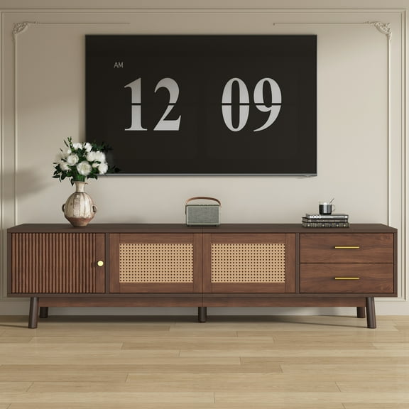 Mid Century Modern TV Stand for 80" TVs, Entertainment Center with Sliding Doors and Drawers, TV Table with Storage for Living Room, Bedroom