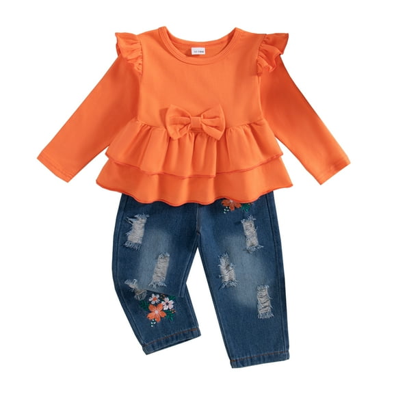 18 Months Baby Girls Clothes 24 Months Girls Fall Winter Pant Set Toddler Girls Long Sleeve Round Neckline Solid Color Top Jeans Pants 2PCS Outfits Set Orange