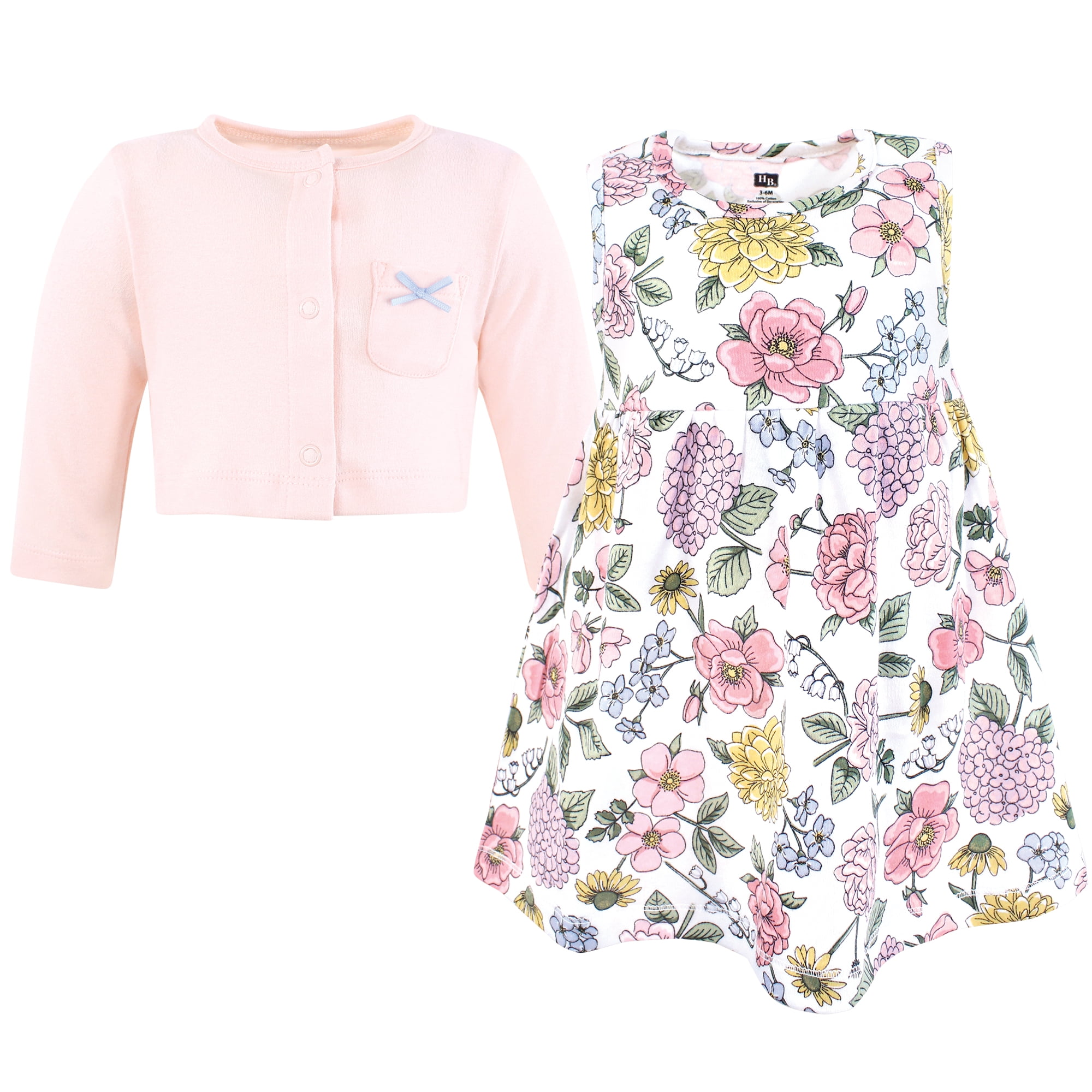 Hudson Baby Infant and Toddler Girls Cotton Dress and Cardigan Set, Vintage Blossom, 12-18 Months
