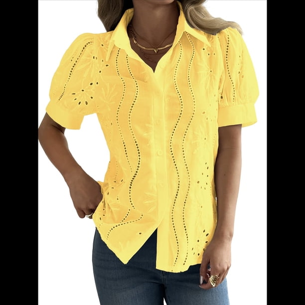 Blusa de Corta con Cuello Abotonado para Mujer, con Bordado de Ojales Amarillo XL